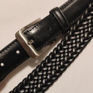 Men's Black Braided Genuine Leather Belt Silver Tone Buckle Size 42 Casual